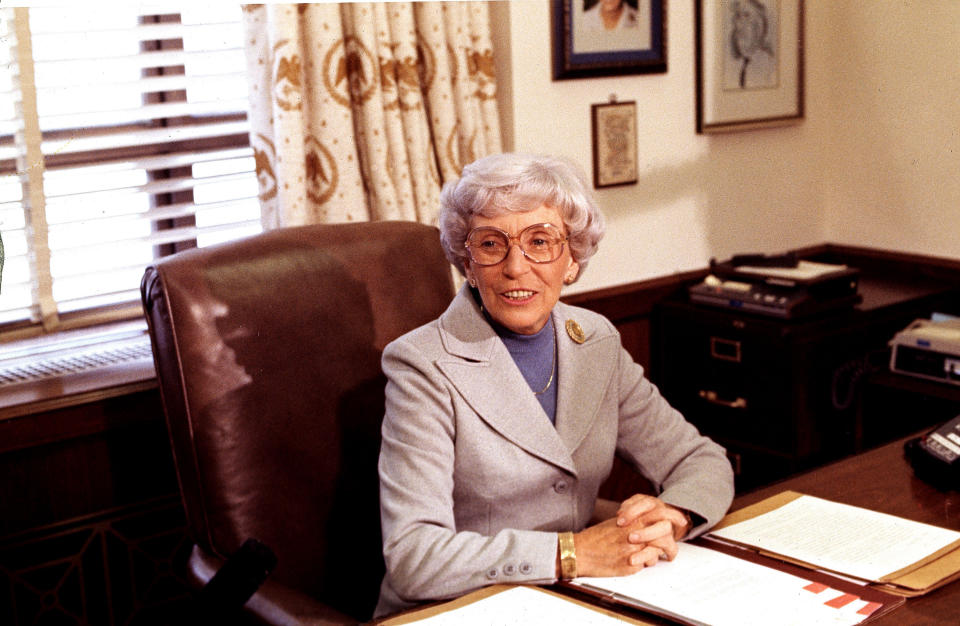 <a href="http://www.senate.gov/artandhistory/history/common/briefing/women_senators.htm"><strong>Served from:</strong></a> 1978  Muriel Humphrey sits at a desk in the Senate Office Building, vacated by the death of her husband, Sen. Hubert H. Humphrey. She was named by Minnesota Gov. Rudy Perpich to fill his seat and sworn in February 1978. (AP Photo/Peter Bregg) 