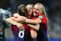 Norway players celebrate their sides victory after a penalty shootout during the 2019 FIFA Women's World Cup France Round of 16 match between Norway and Australia at Stade de Nice on June 22, 2019 in Nice, France. (Photo by Craig Mercer/MB Media/Getty Images)
