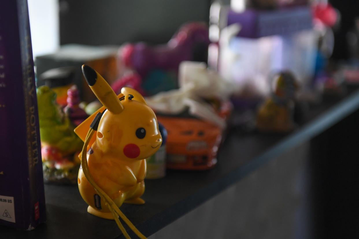 A Pikachu figurine on a shelf of other toys that Christian Banley’s daughters gifted to her, in her Aberdeen home on Wednesday, August 23, 2023.