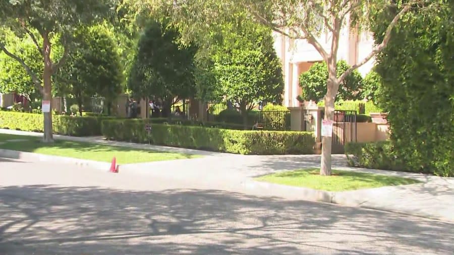 Outside of a private home on North Elm Drive in Beverly Hills where Donald Trump is holding a presidential campaign fundraising event on June 7, 2024. (KTLA)