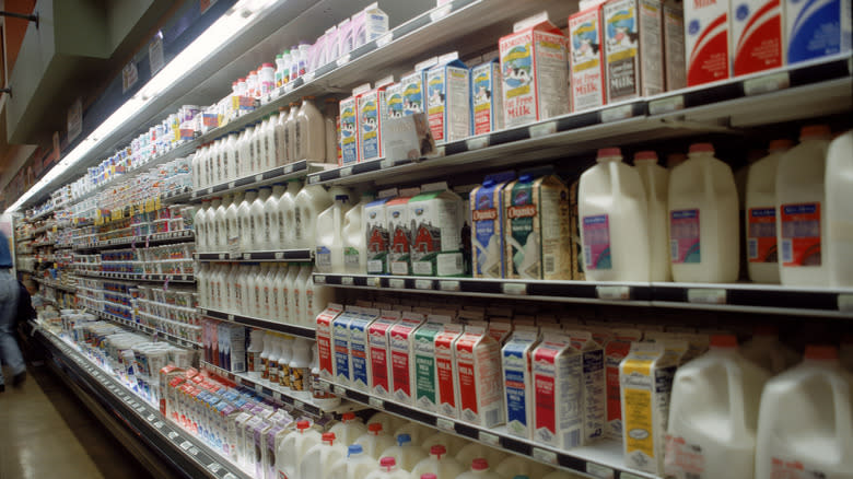 Milk cartons and bottles on store shelves 