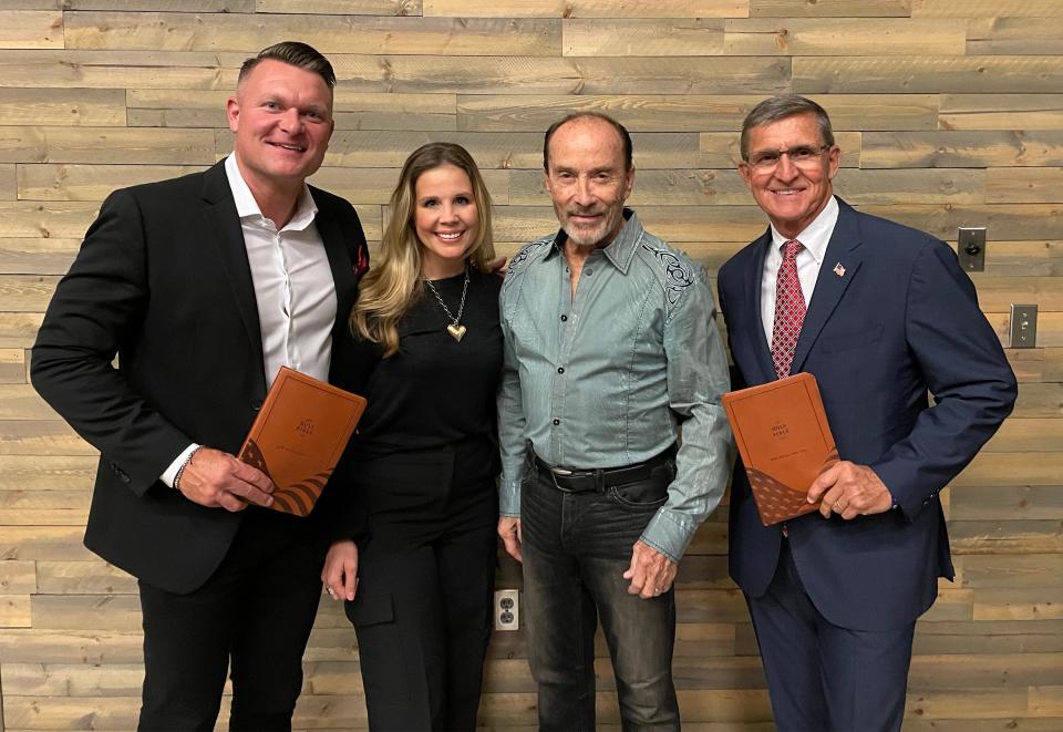 Pastor Chris Erwin, his wife Rachel, Lee Greenwood and General Mike Flynn. Pastor Erwin open the night with Prayer. Lee also presented Pastor Chris with a Bible