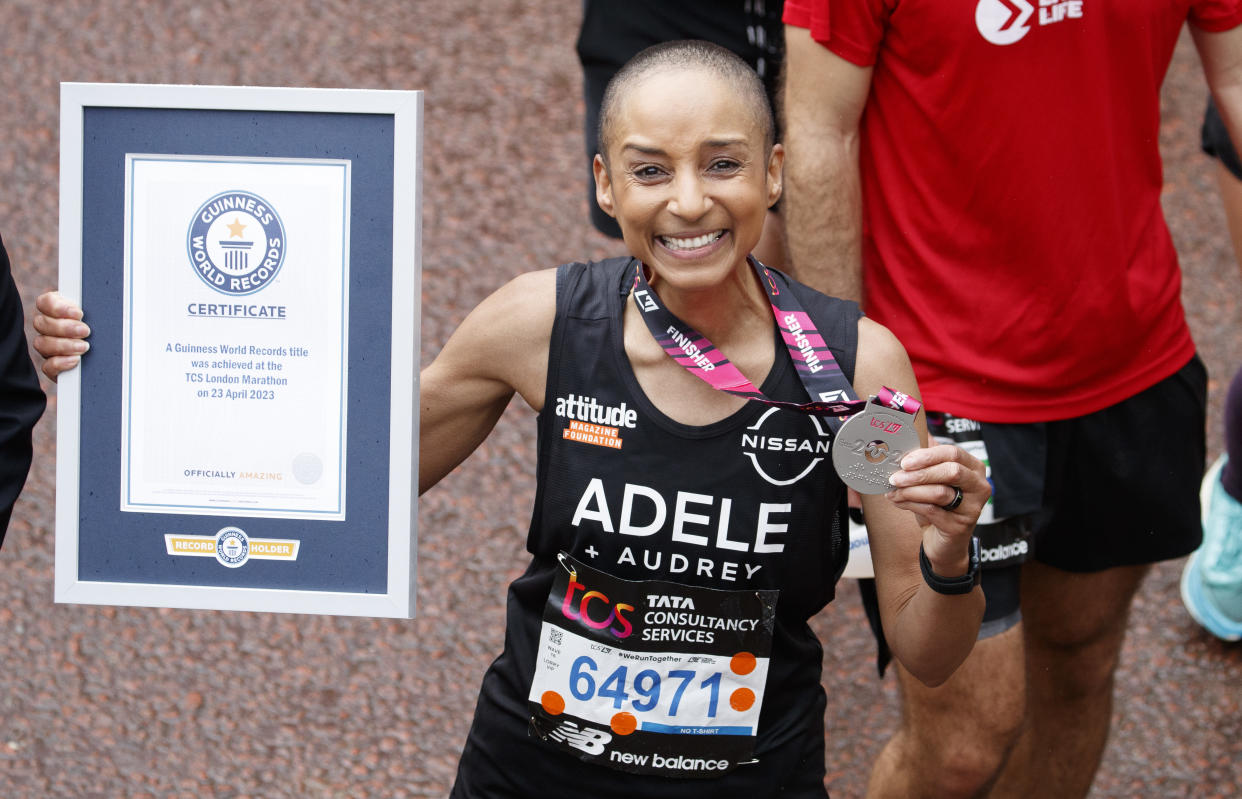 LONDON, ENGLAND - APRIL 23: Adele Roberts takes part in the 2023 TCS London Marathon on April 23, 2023 in London, England. (Photo by John Phillips/Getty Images)