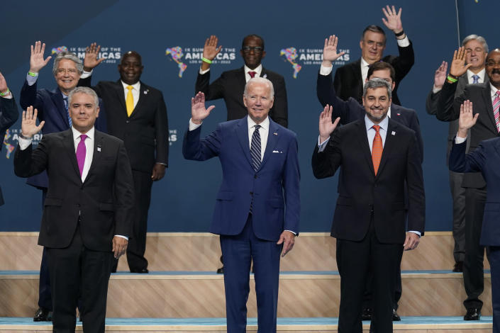 President Joe Biden, center, participates in a family photo with heads of delegations including Colombian President Iván Duque, left, and Paraguay President Mario Abdo Benitez, right at the Summit of the Americas, Friday, June 10, 2022, in Los Angeles. (AP Photo/Evan Vucci)