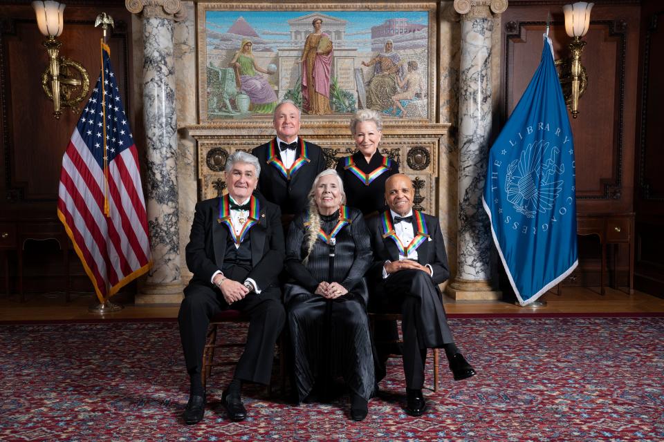 Motown founder Berry Gordy (bottom right) poses with fellow 2021 Kennedy Center Honors recipients Joni Mitchell, Justino Diaz, Lorne Michaels and Bette Midler at the Library of Congress in Washington, D.C., on Dec. 4, 2021.