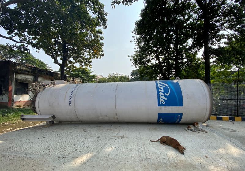 A Linde liquid oxygen storage tank lies on the ground waiting to be installed at a nearby platform in the Jawaharlal Nehru Medical College and Hospital in Bhagalpur