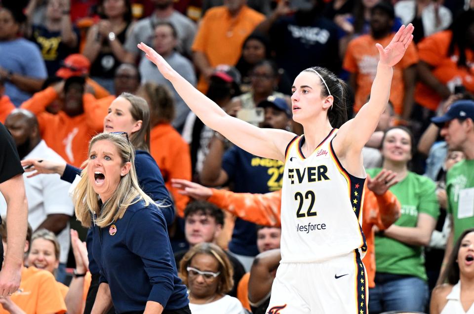 Head coach Christie Sides(left) and Caitlin Clark of the Indiana Fever celebrate after an 85-83 victory against the Washington Mystics at Capital One Arena on June 7, 2024, in Washington, DC.