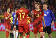 Belgium's players congratulate each other after winning their World Cup 2022 group E qualifying soccer match between Belgium and Estonia at the King Baudouin stadium in Brussels, Saturday, Nov. 13, 2021. (AP Photo/Olivier Matthys)