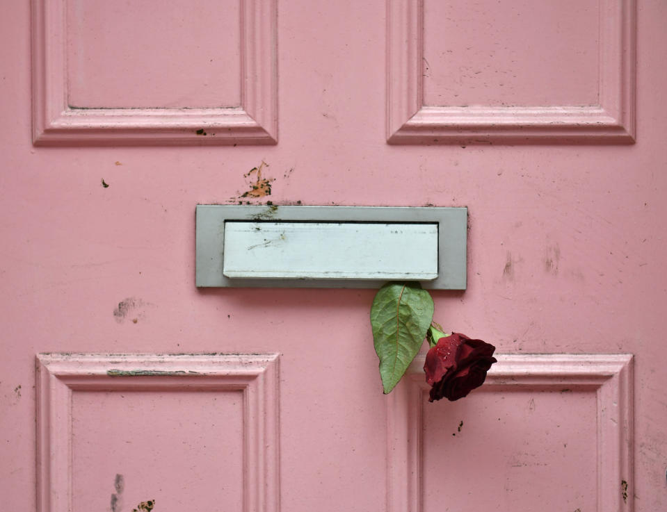 Floral tributes placed outside Caroline Flack's former home in North London. (Photo by Dominic Lipinski/PA Images via Getty Images)