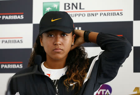 Tennis - WTA Premier 5 - Italian Open - Foro Italico, Rome, Italy - May 17, 2019 Japan's Naomi Osaka during a press conference after withdrawing from her quarter final match against Kiki Bertens of Netherlands due to injury REUTERS/Matteo Ciambelli