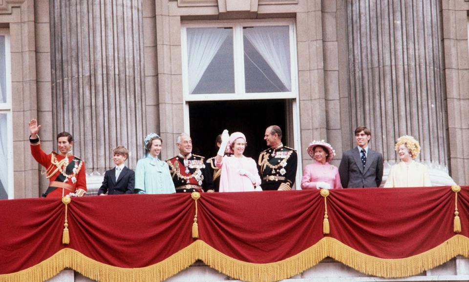 The Queen and Philip with (from left) Charles, Edward, Anne, Earl Mountbatten, Captain Mark Phillips, Princess Margaret, Prince Andrew and the Queen Mother in 1977 (PA) (PA Archive)