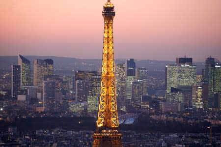 FILE PHOTO: A general view show the illuminated Eiffel Tower and the skyline of La Defense business district at night in Paris