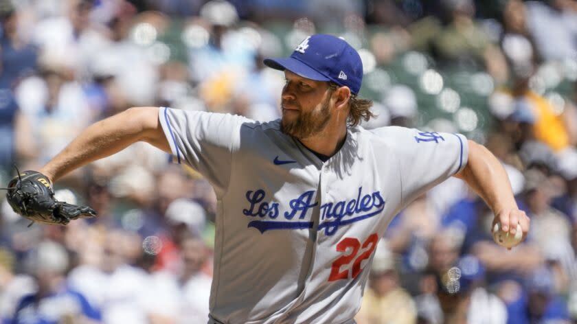 Los Angeles Dodgers starting pitcher Clayton Kershaw throws during the first inning of a baseball game against the Milwaukee Brewers Wednesday, May 10, 2023, in Milwaukee. (AP Photo/Morry Gash)