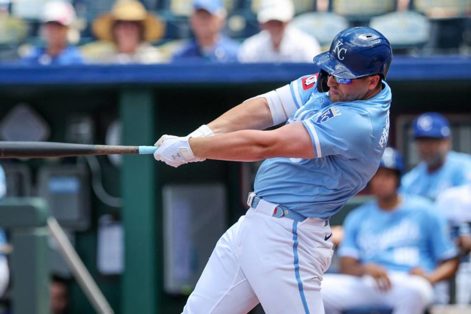 Kansas City Royals first baseman Vinnie Pasquantino was 2-4 against the Miami Marlins and drove in the tying run on Wednesday afternoon at Kauffman Stadium.