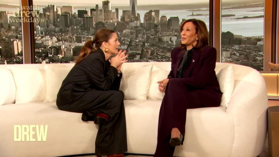 Talk show host Drew Barrymore (left) puts Vice President Kamala Harris in the hot seat. The Drew Barrymore Show