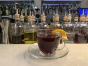 In this Wednesday, Dec. 4, 2019 photo a warm winter bishop cocktail is displayed at the Swift cocktail bar in London, While mulled wine, warm spiced cider and hot toddies have long been British staples during winter many cocktail bars in London offer their own seasonal winter warmers. (AP Photo/Louise Dixon)