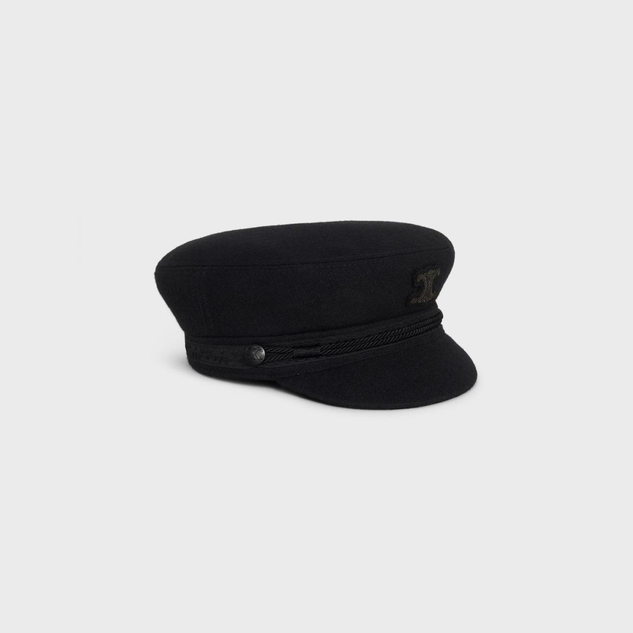 <p><a href="https://www.celine.com/en-us/triomphe-sailor-cap-in-wool-cloth-2AUQ1327V.38NO.57.html?gad_source=1&gclid=EAIaIQobChMIs6LliZuahAMVN2pHAR1xeQH5EAQYAiABEgJuoPD_BwE" rel="nofollow noopener" target="_blank" data-ylk="slk:Shop Now;elm:context_link;itc:0;sec:content-canvas" class="link rapid-noclick-resp">Shop Now</a></p><p>Triomphe Sailor Cap</p><p>celine.com</p><p>$790.00</p>