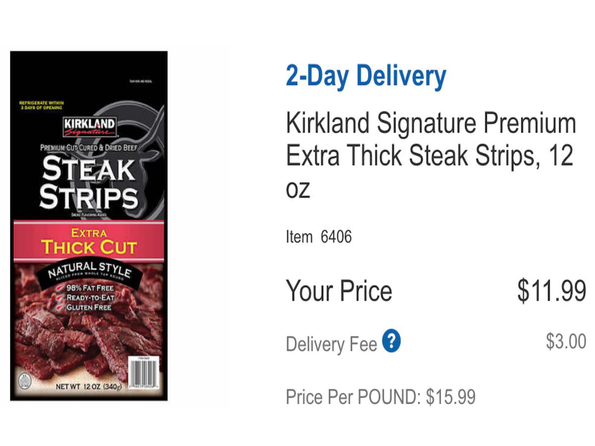 Costco website featuring Kirkland Signature Premium Extra Thick Steak Strips showing 2-day delivery price difference of $11.99 but $3.00 for the additional delivery fee