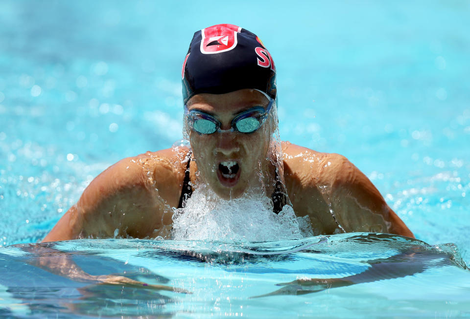 Stephanie Rice of Australia swims the breaststroke during the women's 200 meter IM during day 4 of the Santa Clara International Grand Prix at George F. Haines International Swim Center on June 3, 2012 in Santa Clara, California. (Photo by Ezra Shaw/Getty Images)