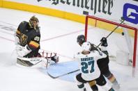 Apr 16, 2019; Las Vegas, NV, USA; Vegas Golden Knights goaltender Marc-Andre Fleury (29) looks behind him as a shot rings off the post during the third period against the San Jose Sharks in game four of the first round of the 2019 Stanley Cup Playoffs at T-Mobile Arena. Mandatory Credit: Stephen R. Sylvanie-USA TODAY Sports