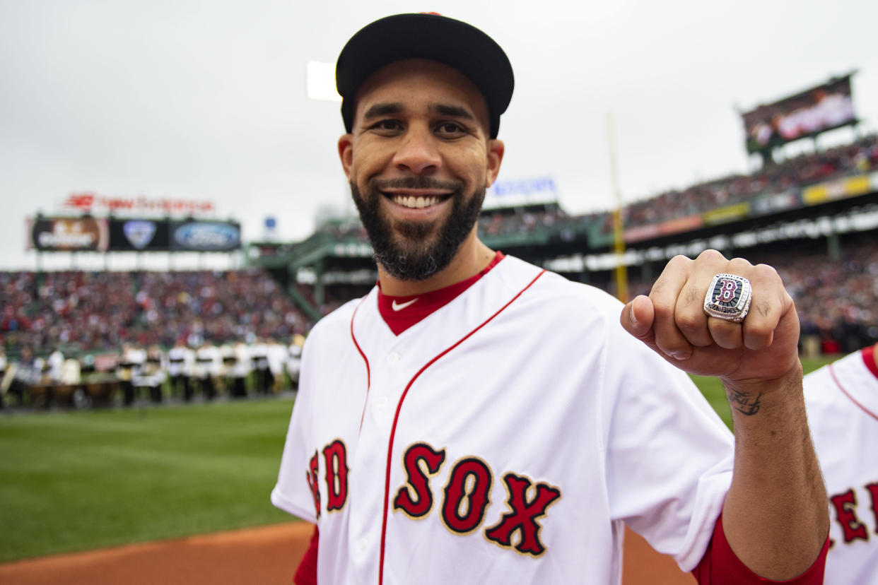 BOSTON, MA - APRIL 9: David Price #24 of the Boston Red Sox poses with his ring during a 2018 World Series championship ring ceremony before the Opening Day game against the Toronto Blue Jays on April 9, 2019 at Fenway Park in Boston, Massachusetts. (Photo by Billie Weiss/Boston Red Sox/Getty Images)