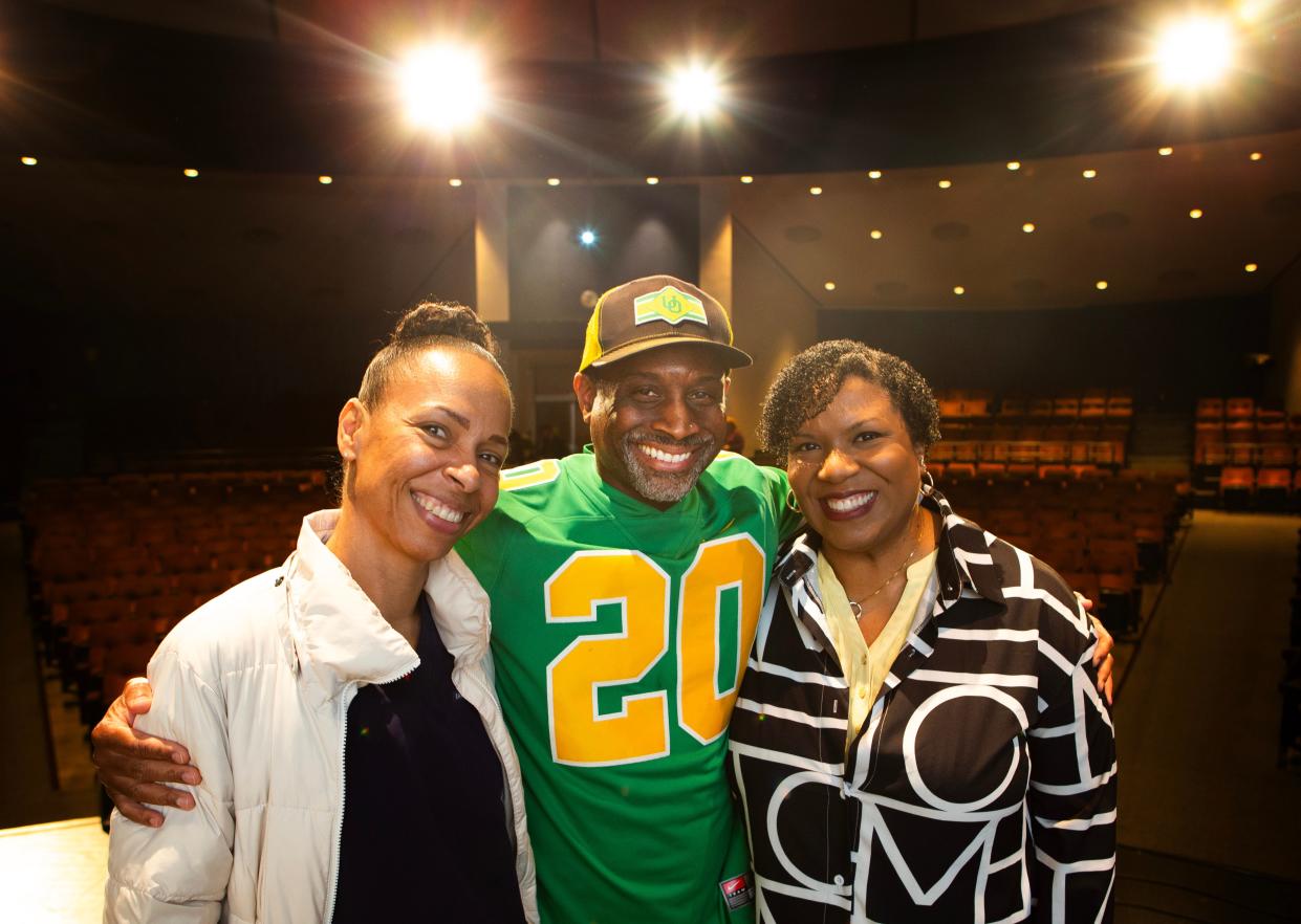 Keri Pilgrim, left, Gene Chism and Jennifer Scurlock on the stage for Black Excellence Week Assembly at Churchill High School Feb 22, 2024 in Eugene.