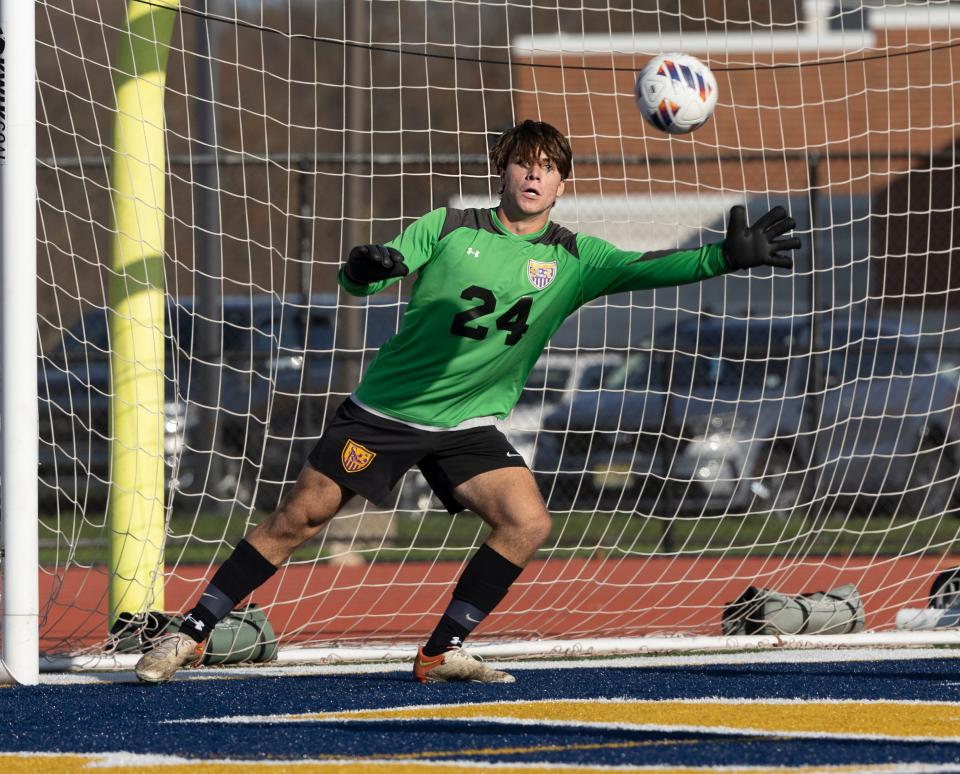 St. Rose Jack Harmon reaches but pulls back and lets shot go wide in second half action. Gill St. Bernards  Boys Soccer defeats St. Rose in overtime 3-2 for Non-Public B title at Franklin High School on November 12, 2022.