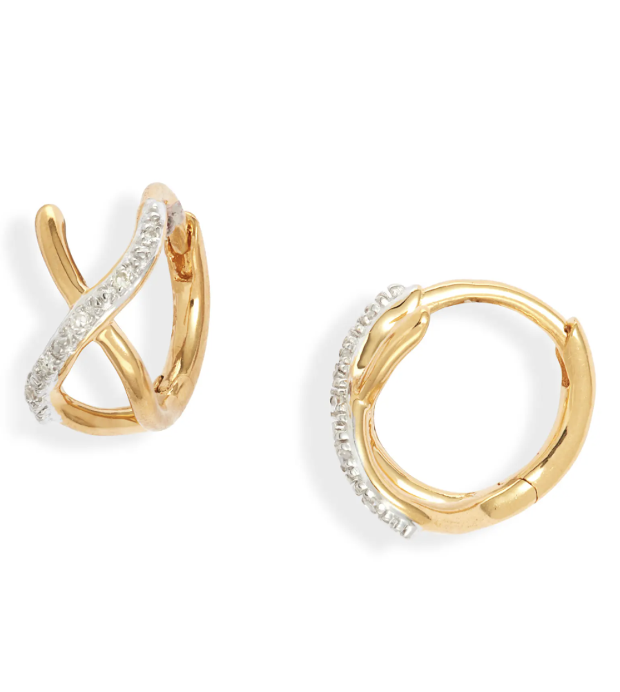 Monica Vinader Riva Cross Diamond Huggie Hoop Earrings in gold and diamonds (Photo via Nordstrom)