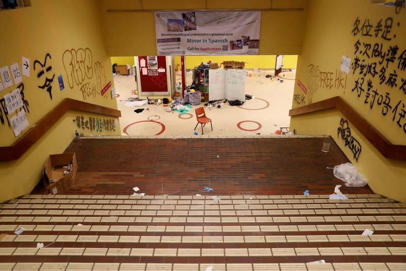 Graffiti and debris are seen in Hong Kong Polytechnic University (PolyU) in Hong Kong