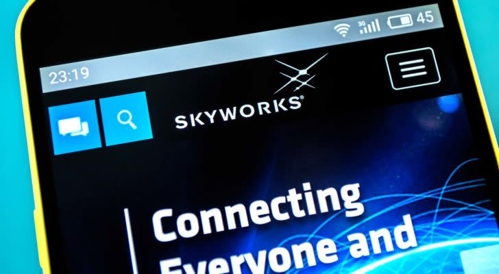 the Skyworks website is loading on a smartphone