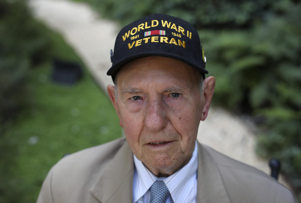 Donald Cobb, 95, of the US Navy, poses during an interview with the Associated Press Friday, Aug.23, 2019 in Paris. Cobb, who was aboard the USS Murphy during the battles of Normandy, Southern France, North Africa and in the Mediterranean sea, was part of a group of World War II veterans taking part in commemorations of the 75th anniversary of the Allied operation to liberate Paris from Nazi occupation. (AP Photo/Daniel Cole)