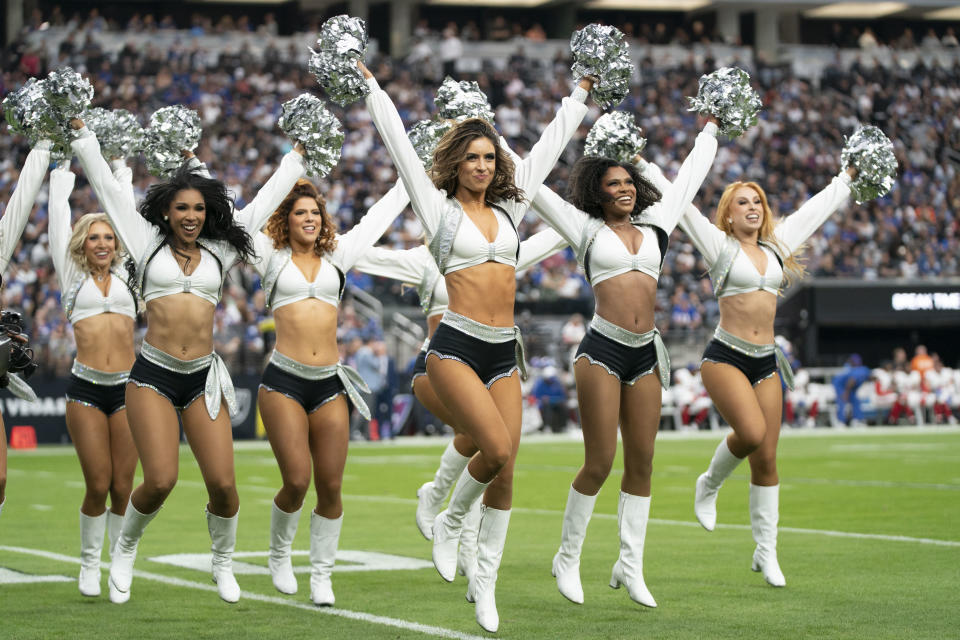 November 5, 2023; Paradise, Nevada, USA; Las Vegas Raiders cheerleaders perform against the <a class="link " href="https://sports.yahoo.com/nfl/teams/ny-giants/" data-i13n="sec:content-canvas;subsec:anchor_text;elm:context_link" data-ylk="slk:New York Giants;sec:content-canvas;subsec:anchor_text;elm:context_link;itc:0">New York Giants</a> during the first quarter at Allegiant Stadium. Mandatory Credit: Kyle Terada-USA TODAY Sports