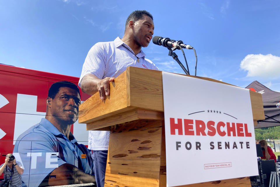 FILE - Republican Senate nominee Herschel Walker campaigns Sept. 7, 2021, in Emerson, Georgia, north of Atlanta. (AP Photos/Bill Barrow, File)