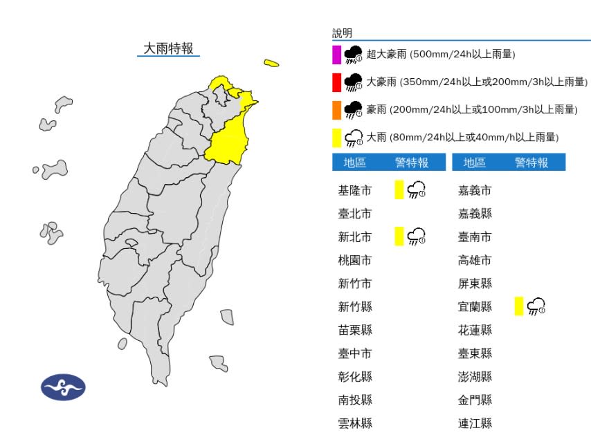 今天基隆北海岸及宜蘭地區有局部大雨發生的機率，請注意。   圖/中央氣象署