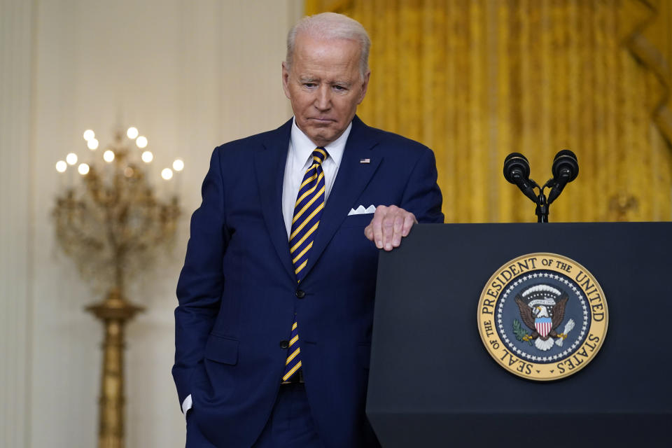 FILE - President Joe Biden listens to a question during a news conference in the East Room of the White House in Washington, Jan. 19, 2022. (AP Photo/Susan Walsh, File)