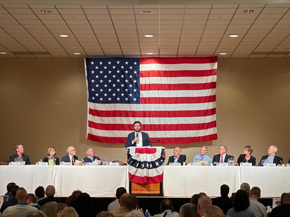 Republican Senate candidate JD Vance speaks at a Republican dinner in Lima, Ohio.