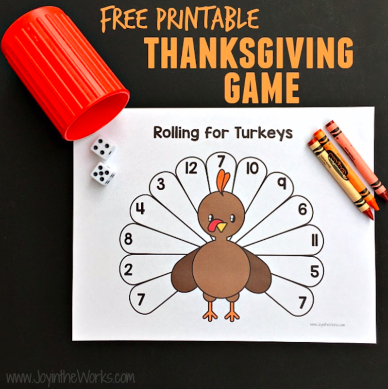 <p>Joy in the Works</p><p>This free printable from <a href="https://www.joyintheworks.com/rolling-for-turkeys-a-printable-thanksgiving-game/" rel="nofollow noopener" target="_blank" data-ylk="slk:Joy in the Works;elm:context_link;itc:0;sec:content-canvas" class="link "><em>Joy in the Works</em></a> is something little kids can do on Thanksgiving Day. They just have to roll the dice to see what feather they have to color in until they roll every number to complete their picture.</p>