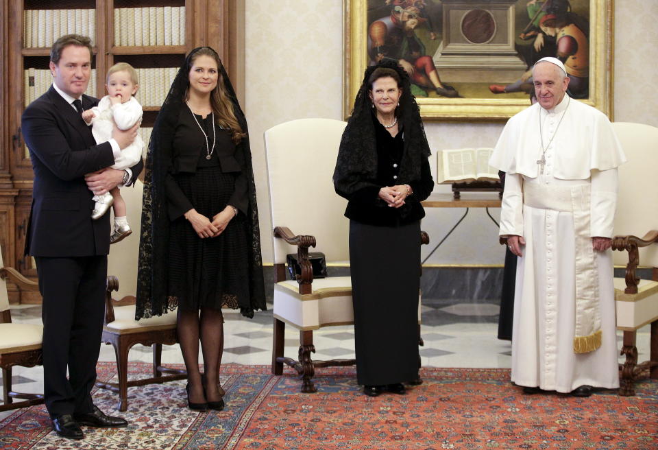 As members of a protestant house, Swedish queens&nbsp;wear black. Here Pope Francis poses with Queen Silvia, her daughter Princess Madeleine and Madeleine's&nbsp;husband Christopher O'Neill at the Vatican in&nbsp;2015.