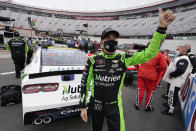 Ross Chastain is introduced to the crowd before the NASCAR Xfinity Series auto race Friday, Sept. 18, 2020, in Bristol, Tenn. (AP Photo/Steve Helber)