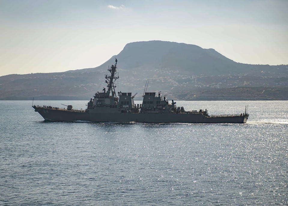 The guided-missile destroyer USS Carney in Souda Bay, Greece. The American warship and multiple commercial ships came under attack Sunday, Dec. 3, 2023 in the Red Sea, the Pentagon said, potentially marking a major escalation in a series of maritime attacks in the Mideast linked to the Israel-Hamas war. “We’re aware of reports regarding attacks on the USS Carney and commercial vessels in the Red Sea and will provide information as it becomes available,” the Pentagon said. (Petty Officer 3rd Class Bill Dodge/U.S. Navy via AP)