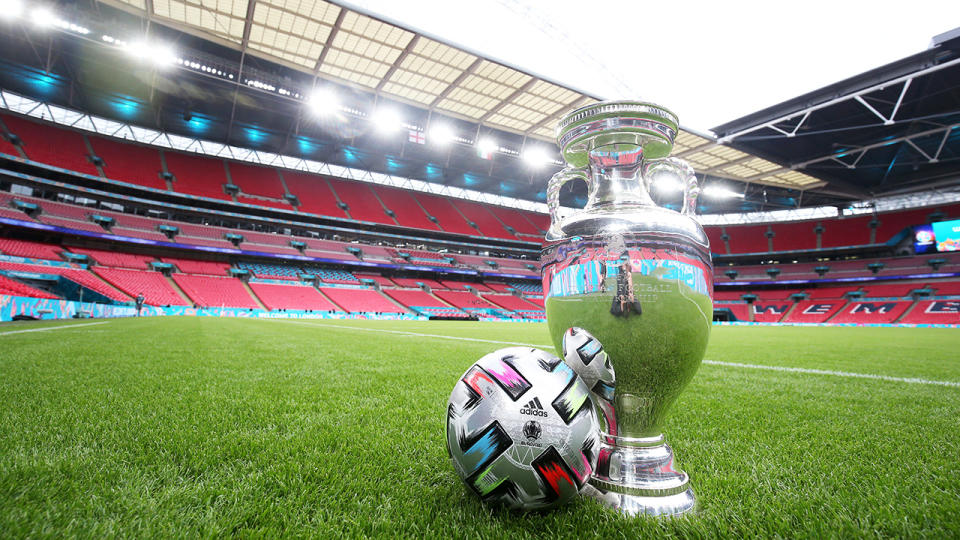 The Henri Delaunay Trophy, pictured here with the official match ball ahead of the Euro 2020 final at Wembley Stadium.