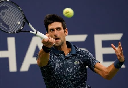 Sept 1, 2018; New York, NY, USA; Novak Djokovic of Serbia hits to Richard Gasquet of France in a third round match on day six of the 2018 U.S. Open tennis tournament at USTA Billie Jean King National Tennis Center. Mandatory Credit: Robert Deutsch-USA TODAY Sports