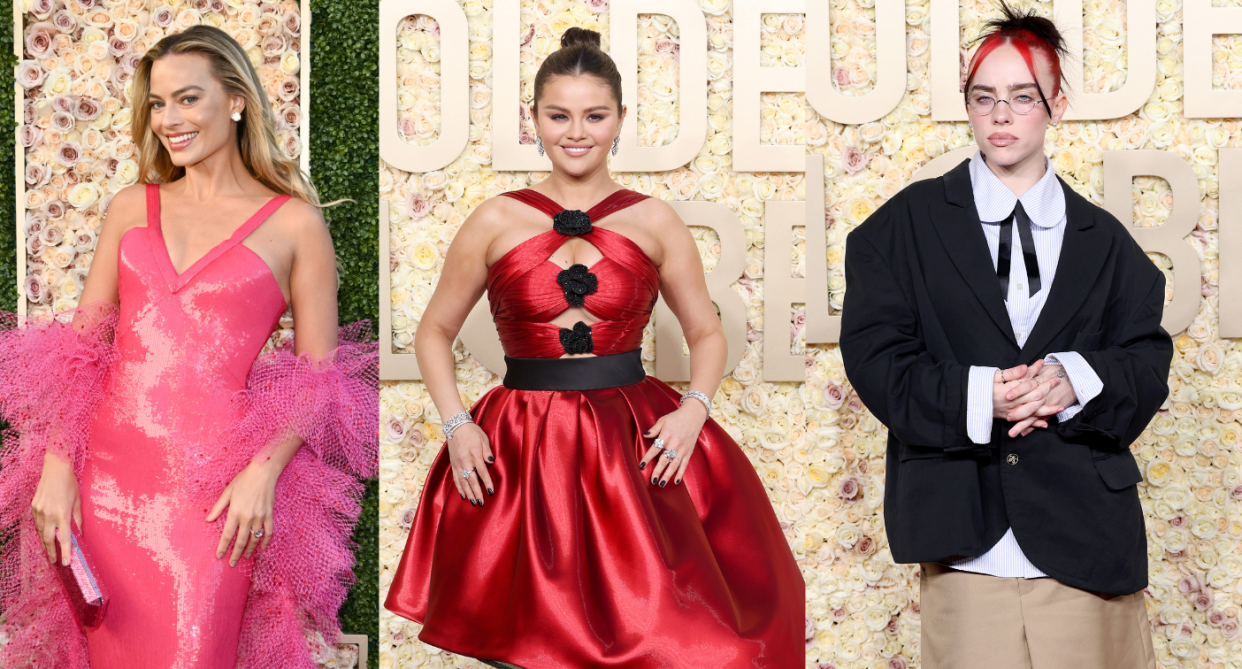 Margot Robbie, Selena Gomez and Billie Eilish at the 2024 Golden Globe Awards. (Images via Getty Images)