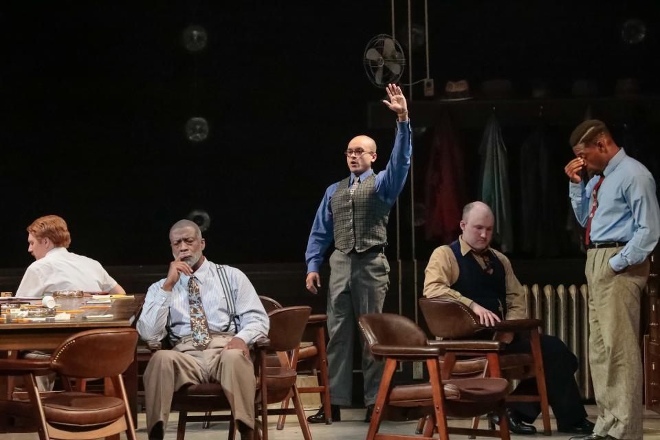 From left, Matt Riehle, Marc Cedric Smith, Alexander Swift, Conor McGiffin and Curtis Bannister in “Twelve Angry Men: A New Musical” at Asolo Repertory Theatre.