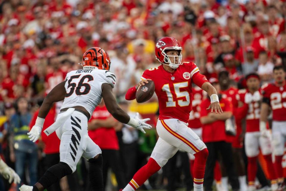 Kansas City Chiefs quarterback Patrick Mahomes (15) winds up for a throw to wide receiver Rashee Rice during the final seconds of the the Chiefs’ game the Cincinnati Bengals on Sunday, Sept. 15, 2024, at GEHA Field at Arrowhead Stadium.