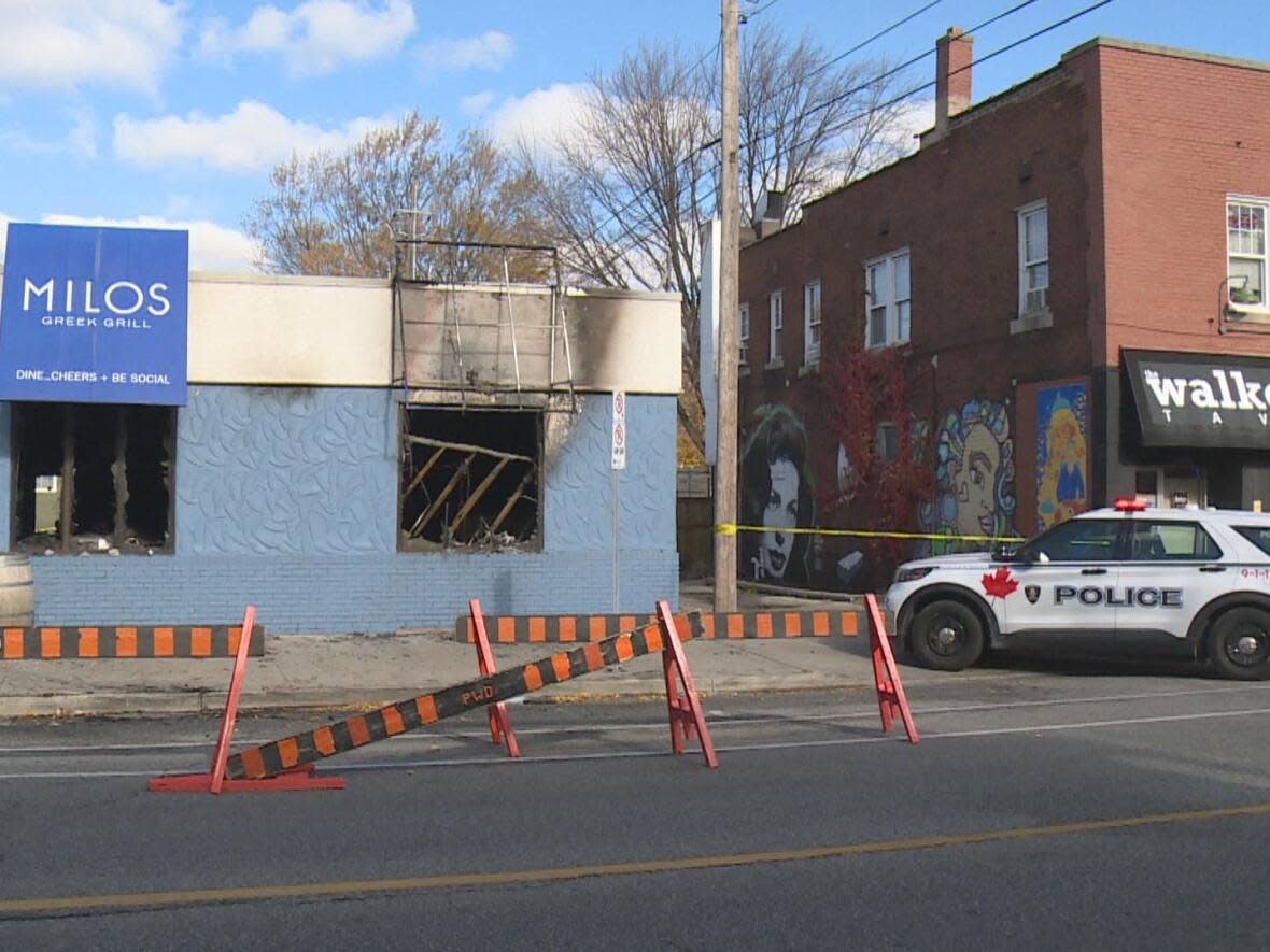 Police were called to a fire at Milos Greek Grill in Walkerville around 4:30 a.m. Thursday. (Mike Evans/CBC - image credit)