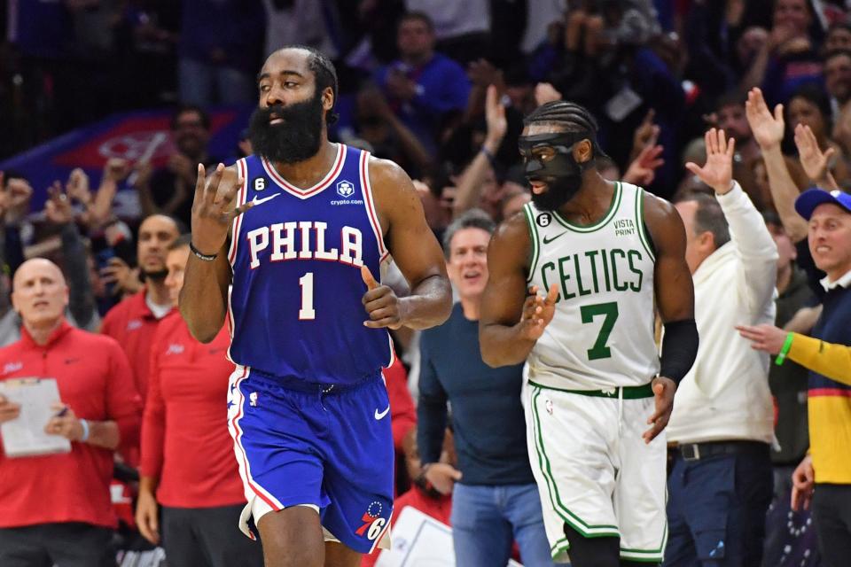 76ers guard James Harden reacts after making the game-winning three-pointer against the Celtics during overtime of Game 4 of the 2023 NBA Eastern Conference semifinals.