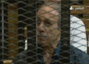 An image grab taken from Egyptian state TV shows former interior minister Habib al-Adly behind bars at a courthouse in Cairo. Egypt's former president Hosni Mubarak and his security chief were given life in prison over the deaths of protesters in 2011, but the acquittal of six police chiefs sparked calls for mass protest