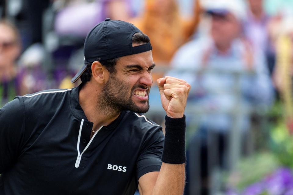 Matteo Berrettini reacts during the men's singles final between Matteo Berrettini of Italy and Filip Krajinovic of Serbia at the Cinch Championships at The Queen's Club in London, Britain, June 19, 2022. (Photo by Stephen Chung/Xinhua via Getty Images)