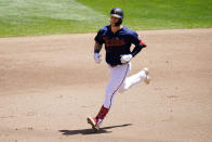 Minnesota Twins' Ryan Jeffers rounds the bases on a two-run home run off Cincinnati Reds' pitcher Wade Miley in the fourth inning of a baseball game, Tuesday, June 22, 2021, in Minneapolis. (AP Photo/Jim Mone)